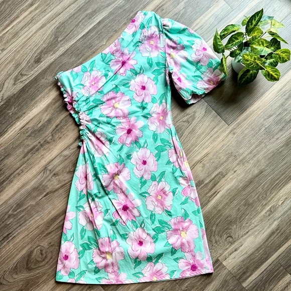 NWT GB Gianni Bini One Shoulder Floral Mini Dress Aqua Pink Side Cut Out  Size L - Picture 12 of 13